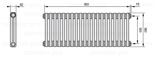 Схема (чертеж) Радиатор Zehnder Charleston 2056/20 №7610 Белый глянцевый RAL 9016